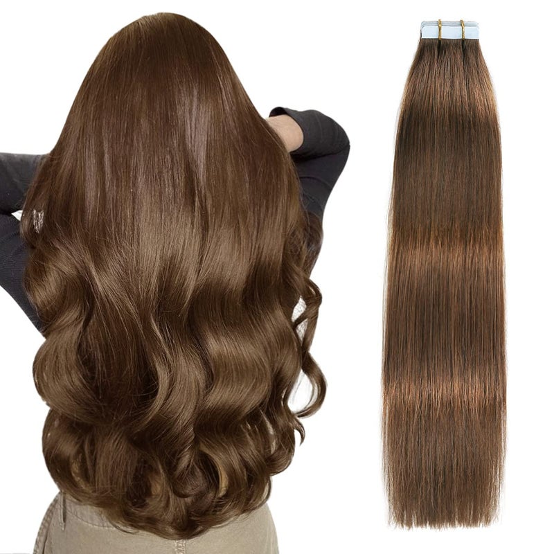 SUYYA Tape in Hair Extensions Chocolate Brown 100% Remy Human Hair 20 inches 20pcs 50g/pack Straight Seamless Skin Weft Tape Hair Extensions(20Inch #4 Dark Brown) - Image 1
